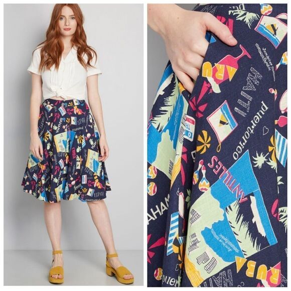 NEW‎ MODCLOTH skirt just this sway a line linen with pockets M - Picture 1 of 10